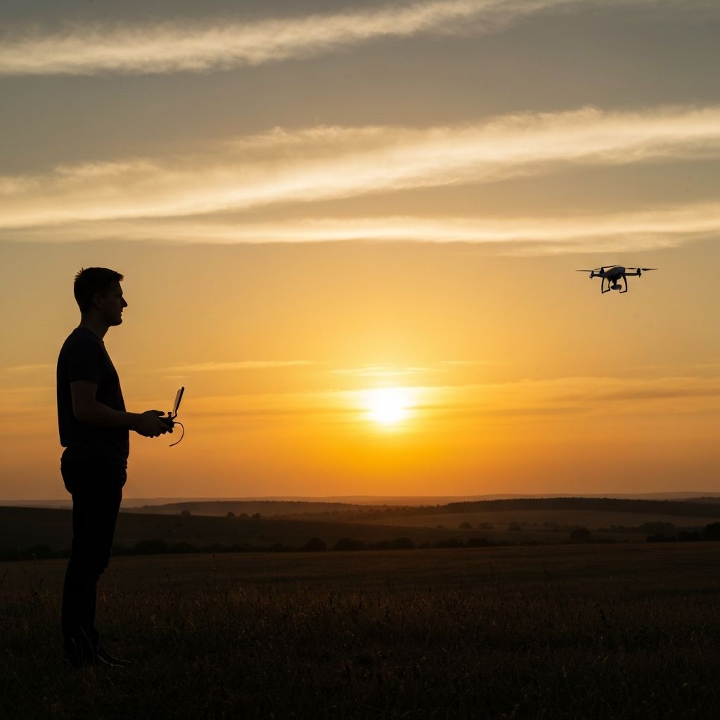 Силует оператора дрона на заході сонця